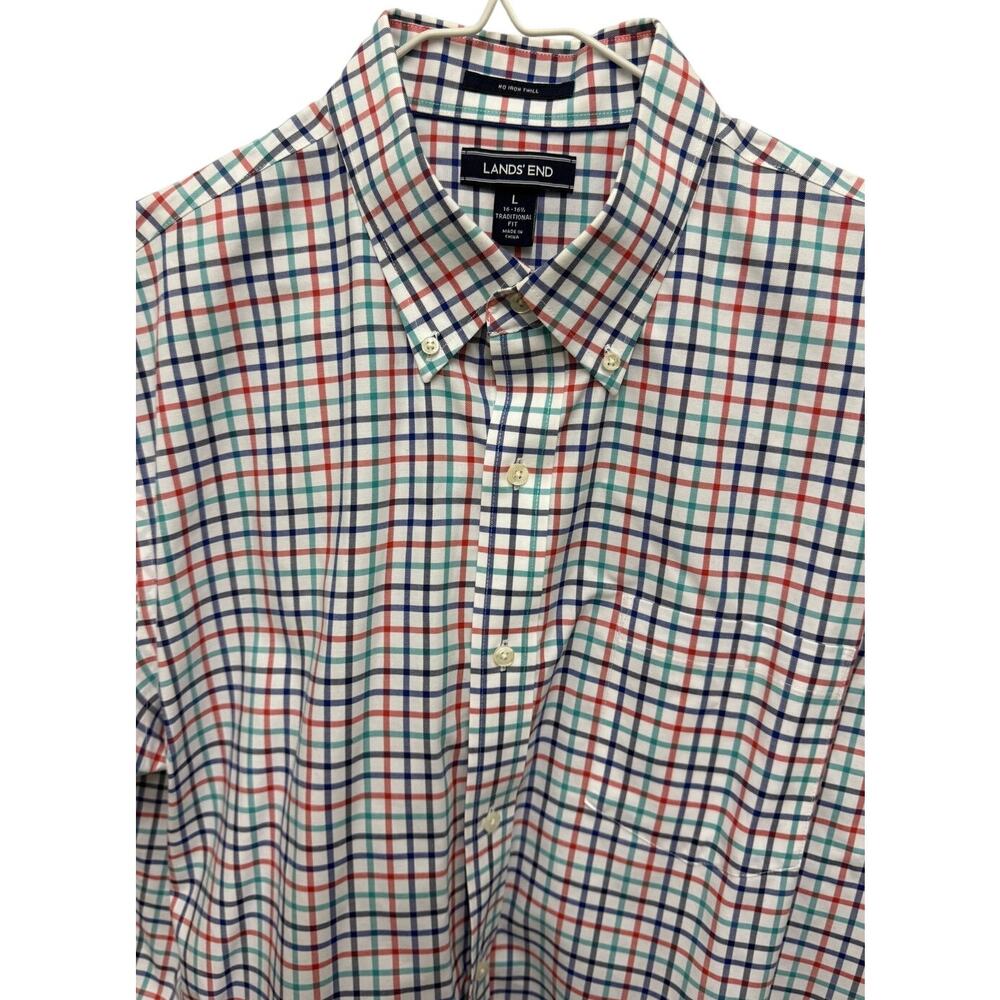 Lands’ End Shirt Men's L 16 Blue Red Green Plaid Button Up 100% Cotton Short